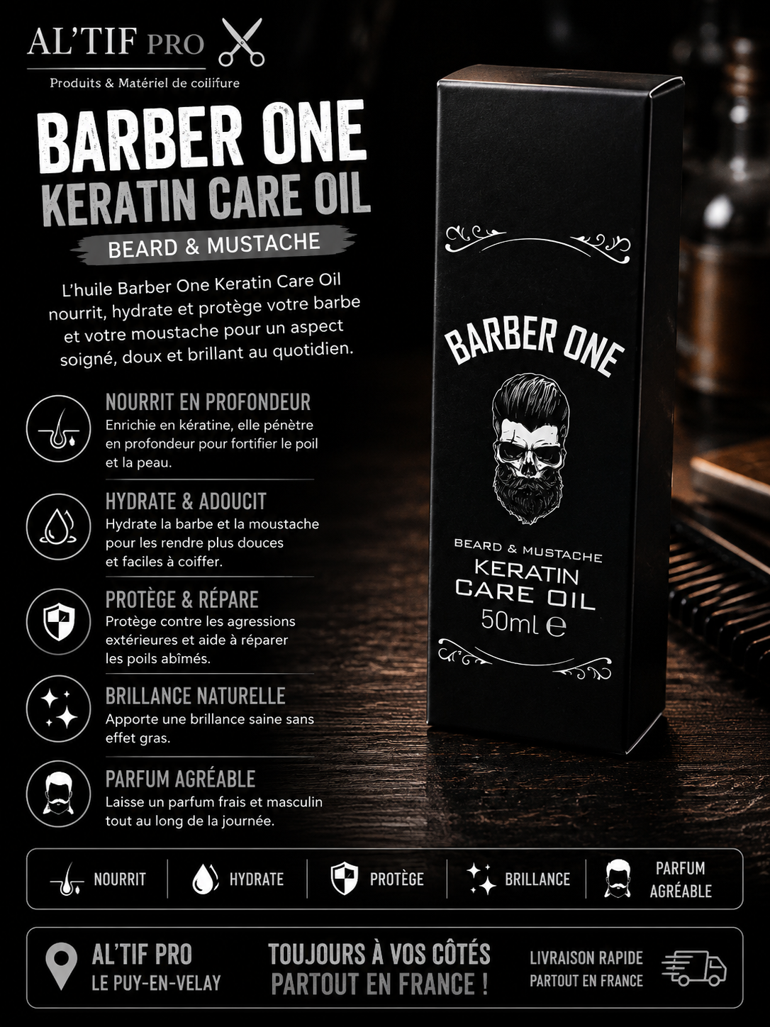 x12 Barber One – Huile de Soin Barbe & Moustache Kératine 50 ml